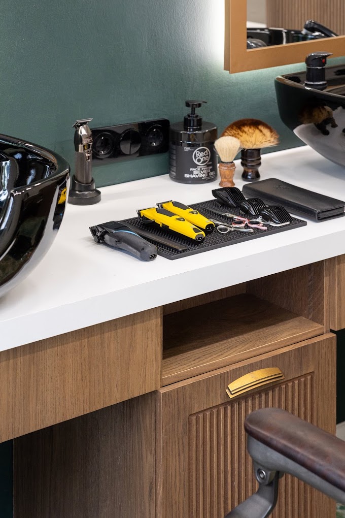 Barbershop station with tools